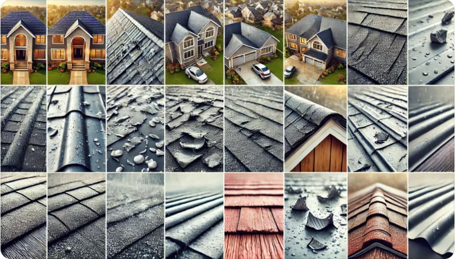 Signs of hail damage on different roofing materials