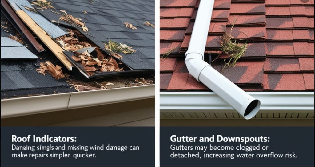 Signs of wind damage on roofs and exteriors